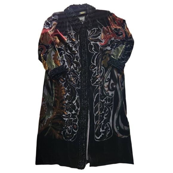 Vintage Aria A Coat Womens L XL Trench Black Velvet Floral Button Up Silk Boho - Picture 1 of 5